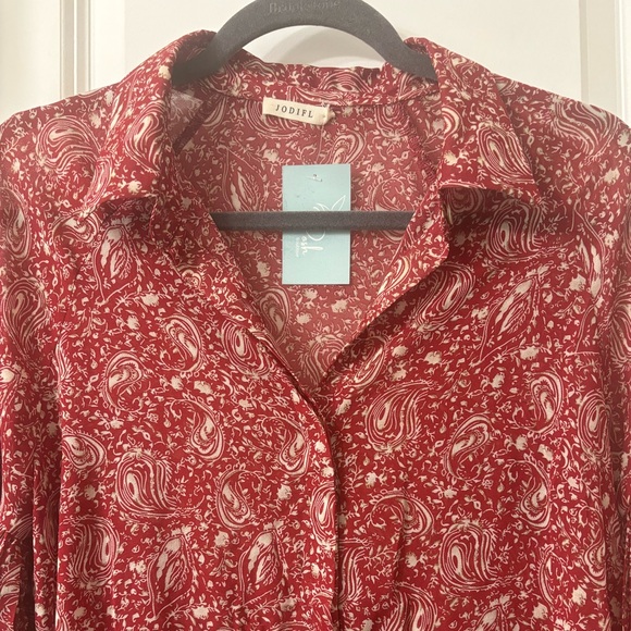 NWT! JODIFIL Paisley Print Buttoned Front Pleated Balloon Sleeve Chiffon Blouse - Picture 3 of 12